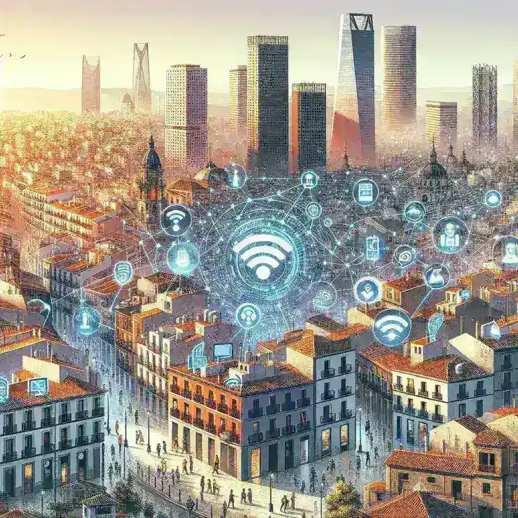 "Imagen de una ciudad española mostrando un gráfico interactivo de una plataforma de datos abiertos impulsada por inteligencia artificial, destacando la innovación en servicios para ciudadanos."