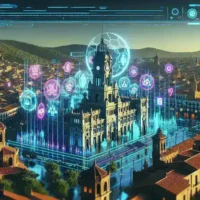 "Portal de participación ciudadana en metaverso de un ayuntamiento español, mostrando ciudadanos interactuando en un entorno virtual."